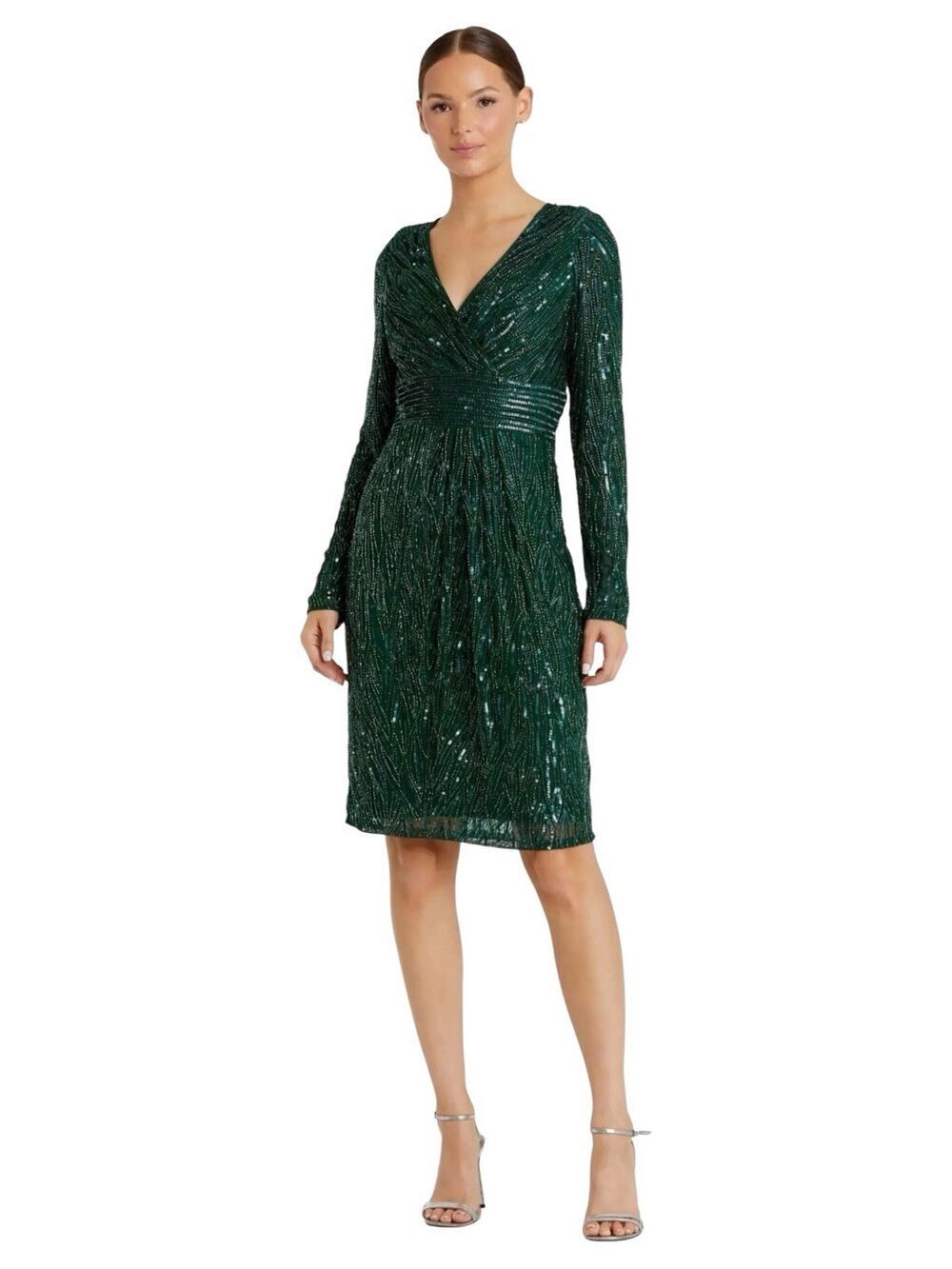Mac Duggal 4632 Emerald Green Sequin Long Sleeve Cocktail Dress Size 14 $498